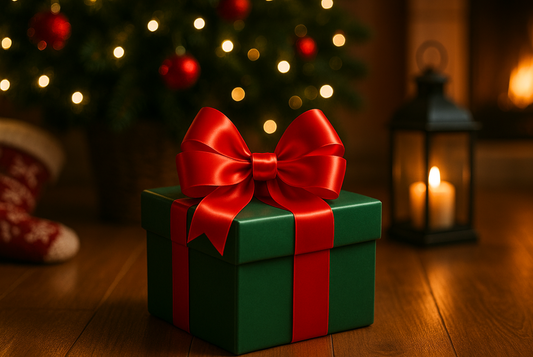 een groene geschenkbox met een rode strik rond en een kandelaar en een kerstboom erachter