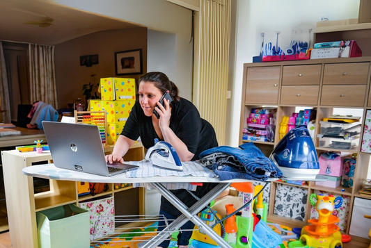Kelly cuppens achter haar strijkplank tussen het speelgoed die op haar laptop bezig is terwijl ze aan het bellen is.