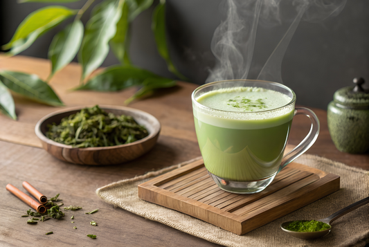 een huiselijk tafereel waarin rechts op het beeld een stomende tas matcha staat links daarvaan staat nog een schaaltje matcha poeder 