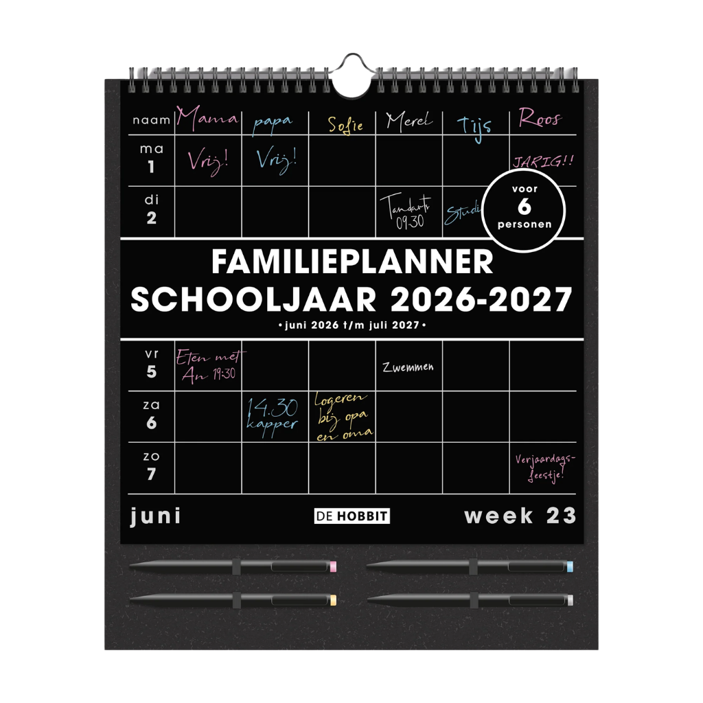 Familieplanner met markers 2026-2027 A3 Zwart