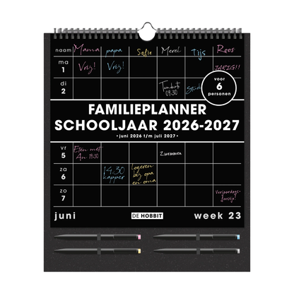 Familieplanner met markers 2026-2027 A3 Zwart
