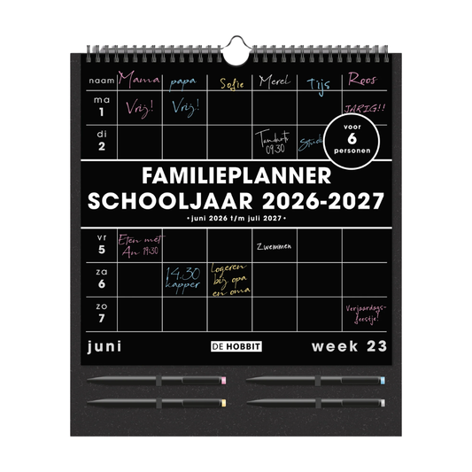 Familieplanner met markers 2026-2027 A3 Zwart