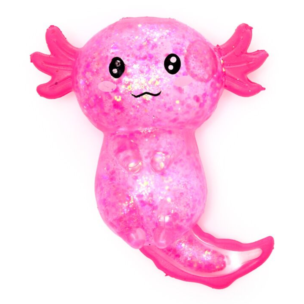 Knijpbare glitter axolotl stressbal