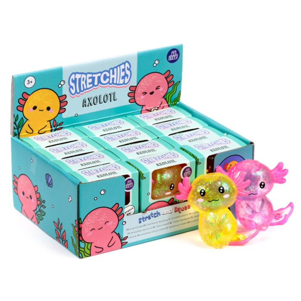 Knijpbare glitter axolotl stressbal
