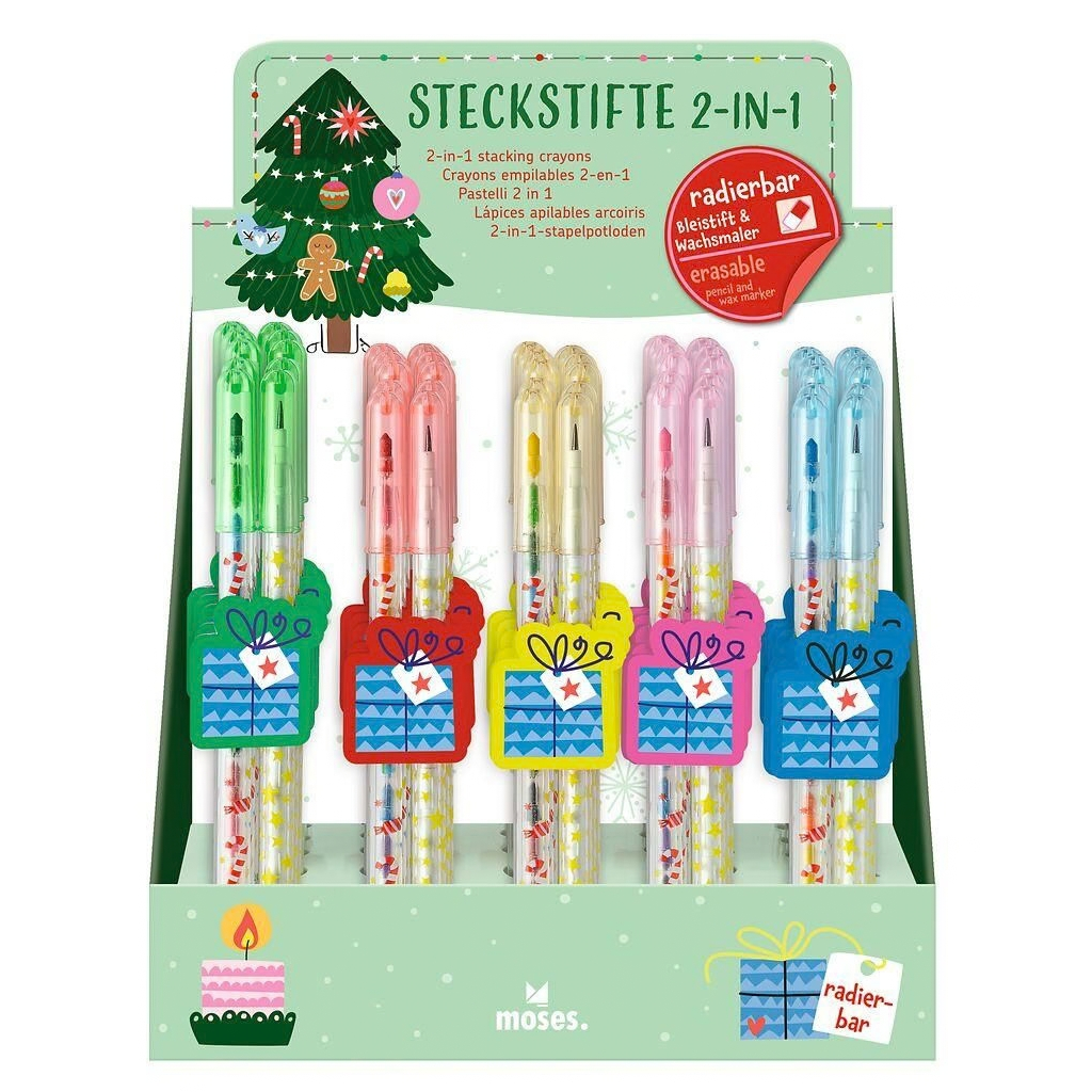 2-in-1 stapelpotlood en waskrijt met gum - Kerst