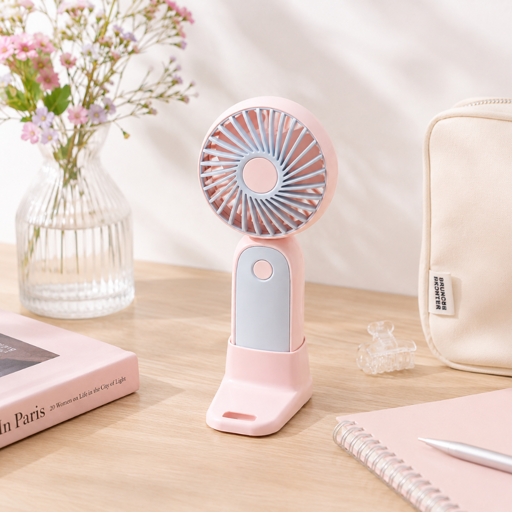 Draagbare mini ventilator met telefoonhouder