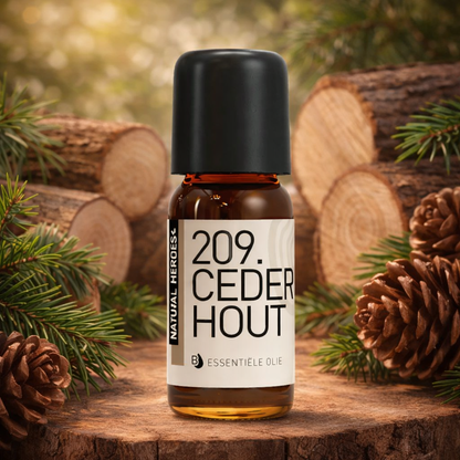 Een klein bruin glazen flesje met de tekst Natural Heroes essenstiële olie 209 cederhout. Op een boomstronk met afgekapte bomen achter van cederhout en dennennaalden.