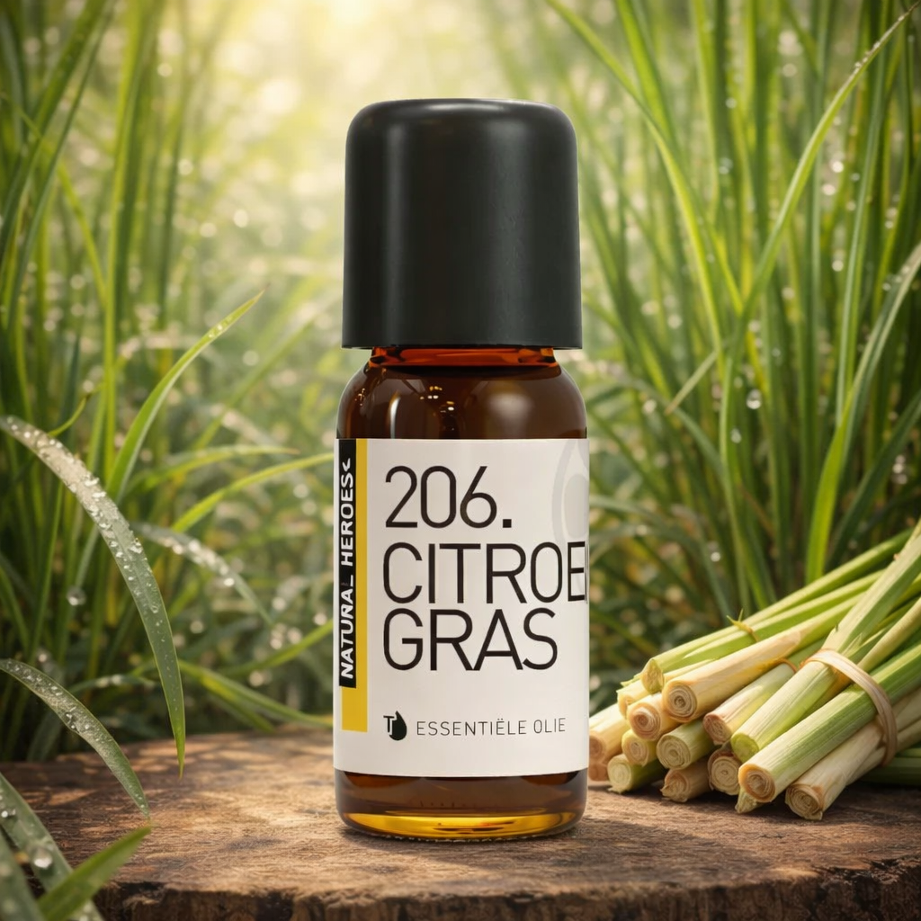 Een klein bruin glazen flesje met de tekst Natural Heroes essenstiële olie 206. Citroen gras op een stuk hout tussen het gras met hierlangs samengebonden citroengras