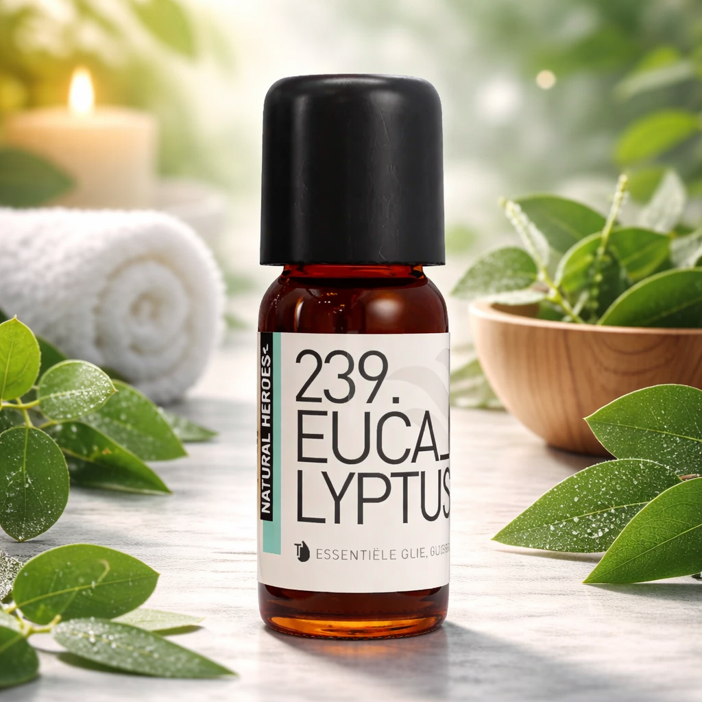 Een klein bruin glazen flesje met de tekst Natural Heroes essenstiële olie 239 eucalyptus in een spa setting met een handoek op de achtergrond en bladeren eucalyptus hier rond.