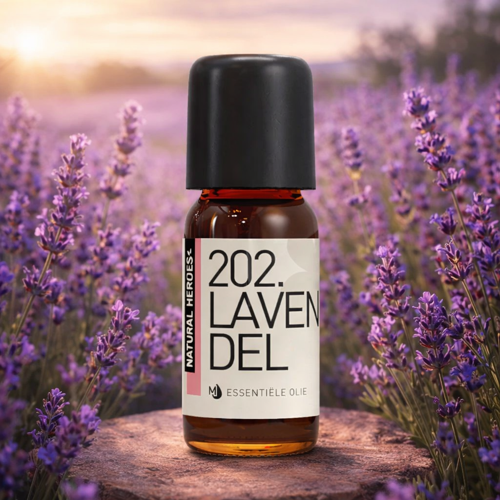 Een klein bruin glazen flesje met de tekst Natural Heroes essenstiële olie
202. lavendel op een afgekapte boom midden in een lavendelveld.