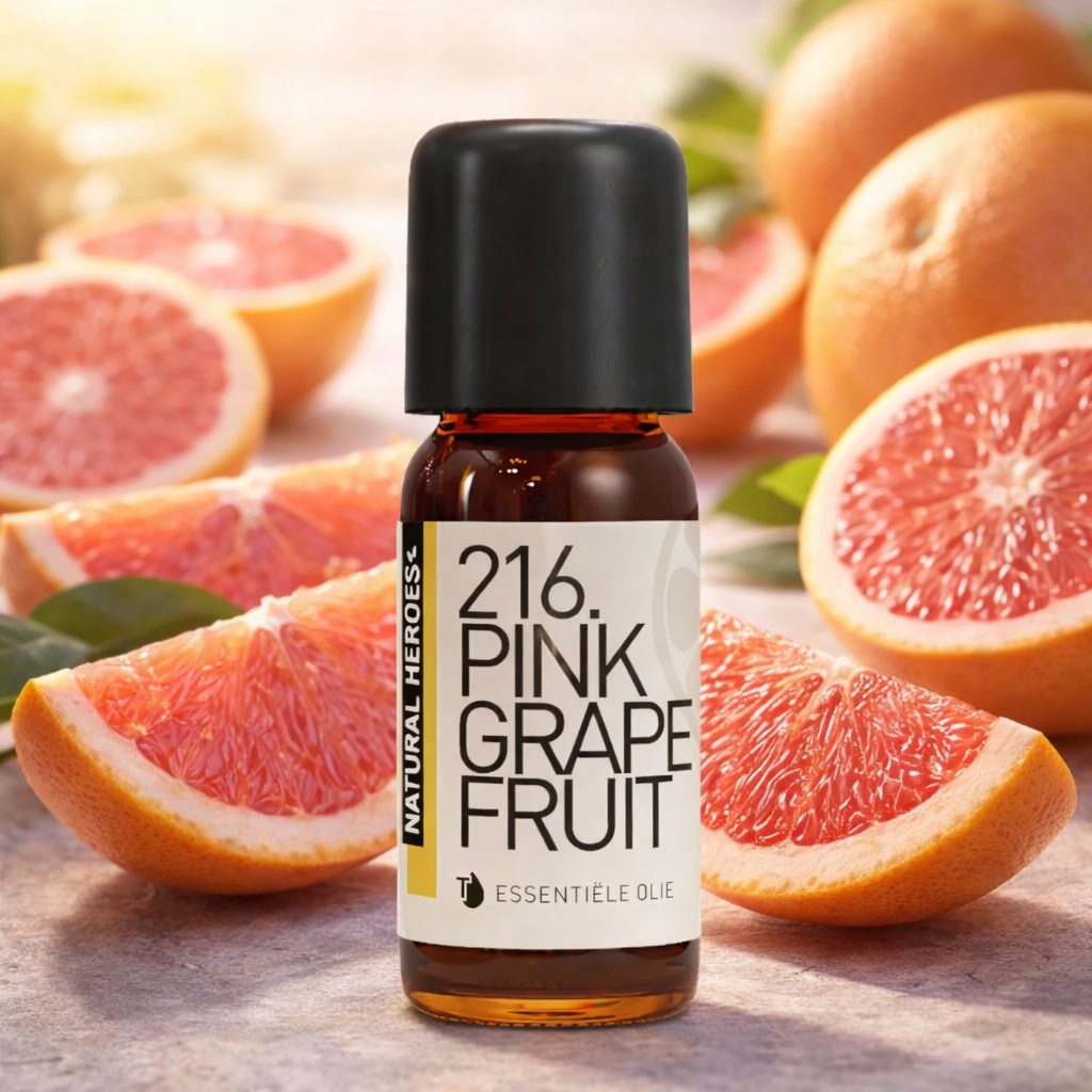 Een klein bruin glazen flesje met de tekst Natural Heroes essenstiële olie 216. Pink grape fruit. Dit staat op een tafel met allemaal bloedappelsienen achter het flesje.
