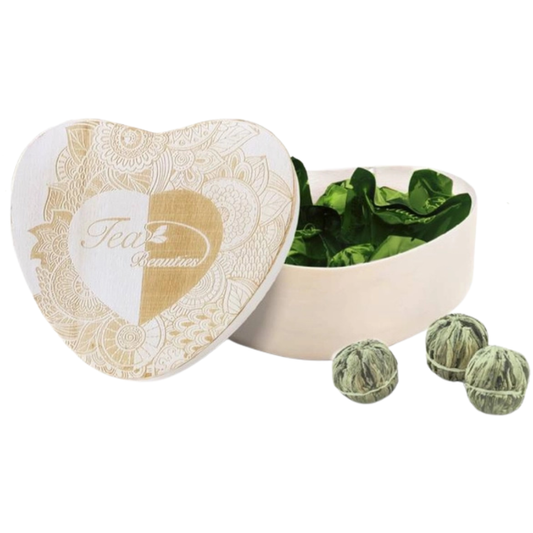 Houten hart geschenkset - Groene thee(bloemen)