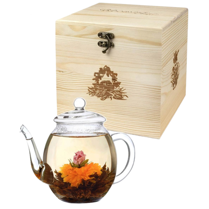 Houten geschenkset - Zwarte thee(bloemen) en theepot 500 ml