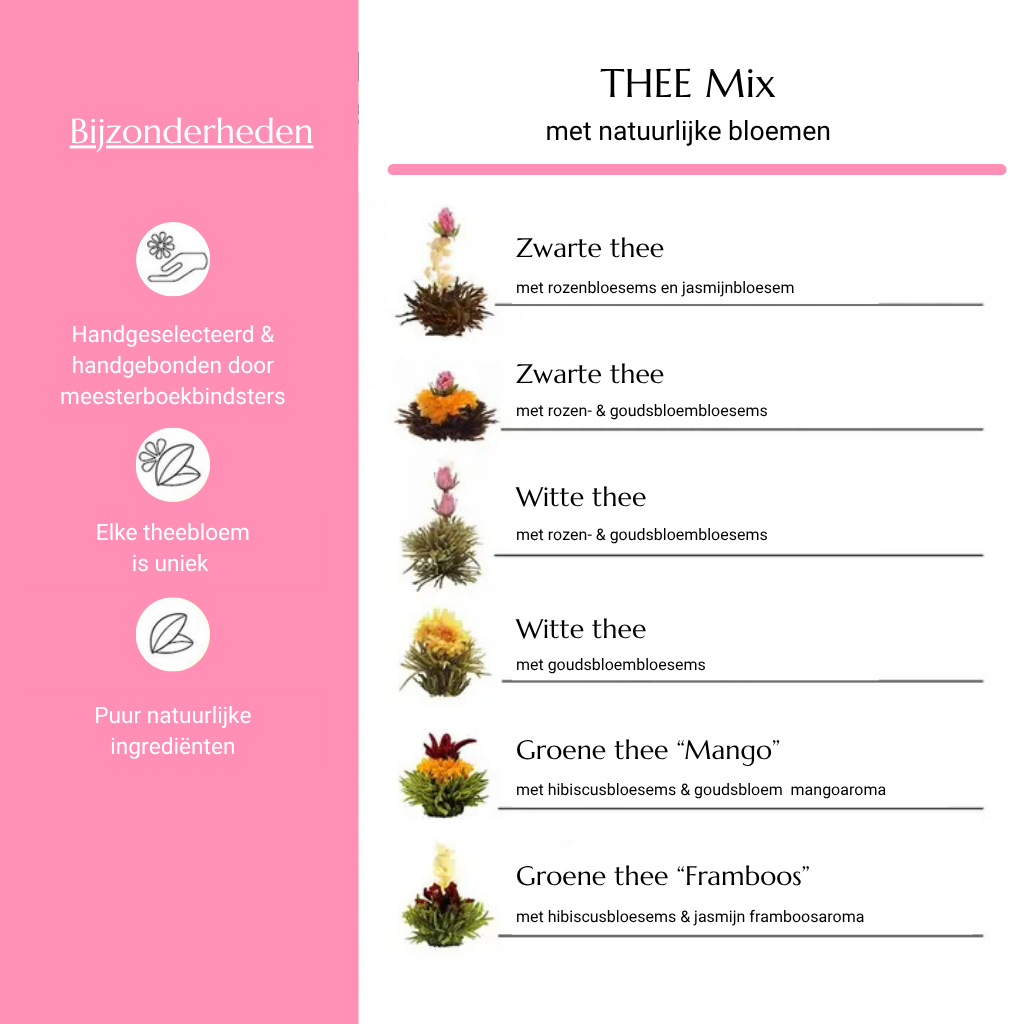 Geschenkset - Mix zwarte, witte en groene thee(bloemen) + theepot 500 ml