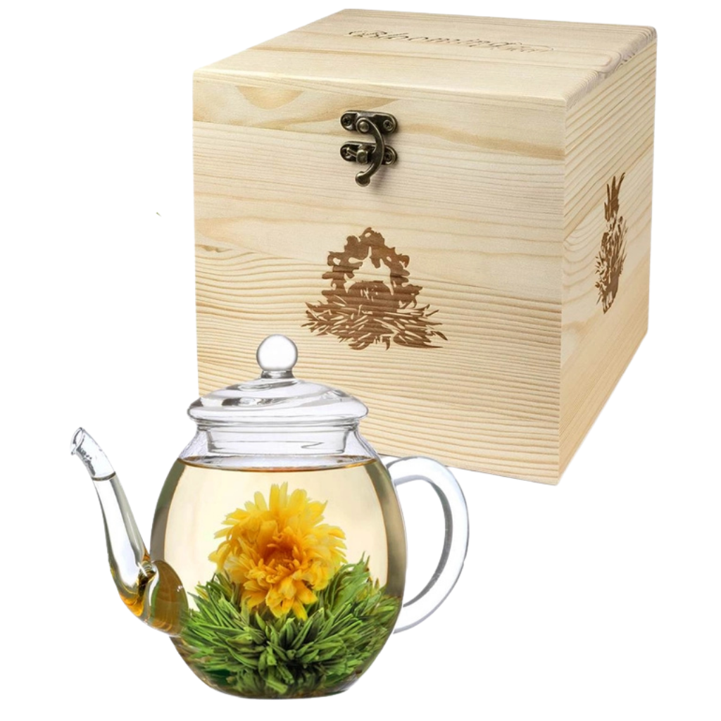 Houten geschenkset - Witte thee(bloemen) en theepot 500 ml