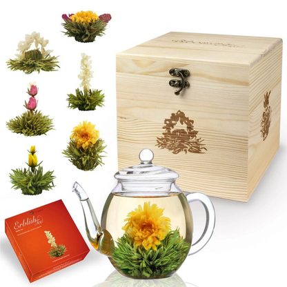 Houten geschenkset - Witte thee(bloemen) en theepot 500 ml
