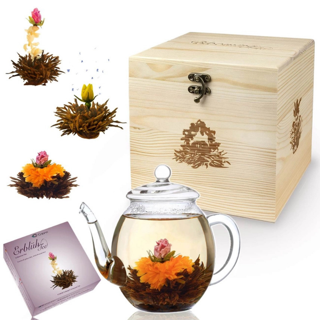 Houten geschenkset - Zwarte thee(bloemen) en theepot 500 ml